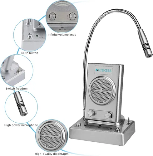 Vista 4 de Retekess TW102 Intercomunicador de ventana, sistema de intercomunicación, micrófono de 8 M, micrófono inalámbrico de conexión, altavoz para escuela