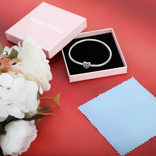 Vista 6 de WAKCTFERG Pulsera de plata de ley 925 para mujer, joyería de momento, cierre de corazón, cadena de serpiente, se adapta a cualquier dije de regalo