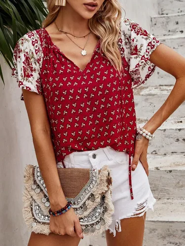 Vista 4 de SOLY HUX Women's Boho Floral Print Tie Neck Butterfly Sleeve Summer Blouse Top