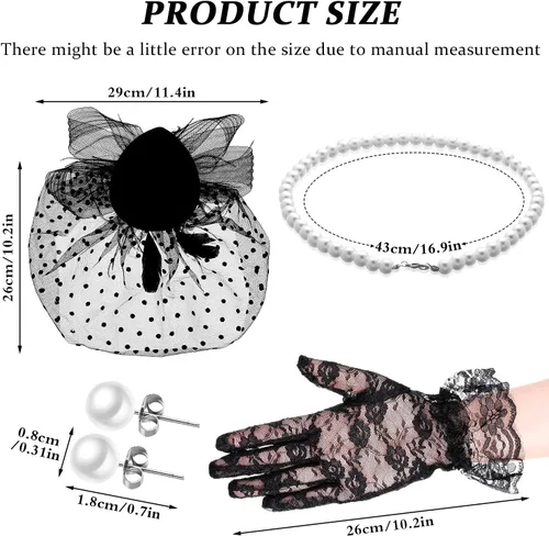Vista 2 de Honoson Juego de 4 Sombreros Fascinadores para Mujer, Accesorio de Tocado para Fiesta de Té, Velo, Guante de Encaje, Juego de Perlas, Boda Negro