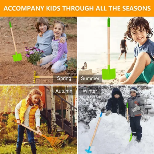 Vista 5 de Pala para niños, rastrillo para hojas, pala, azada y escoba, 5 piezas de herramientas de jardín para niños, jardín al aire libre, juguete de regalo