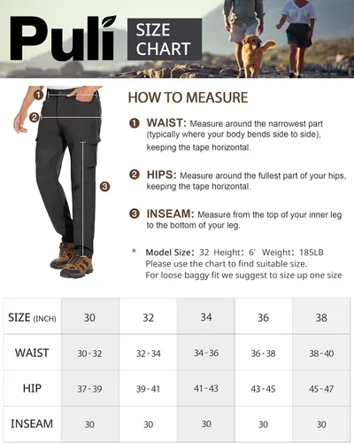 Vista 6 de PULI Pantalones de senderismo casuales para hombre, impermeables, ajustados, elásticos, ligeros, con bolsillos