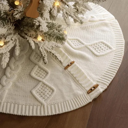 Vista 8 de Falda de Árbol de Navidad de 36 Pulgadas: Falda de Árbol de Lápiz para Árbol de 6 Pies, Falda de Árbol Tejida en Trenzado de Canasta Crema Blanca