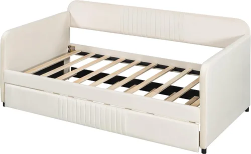 Vista 6 de Harper & Bright Designs Sofá cama tapizado tamaño individual con cama nido y listones de madera, beige