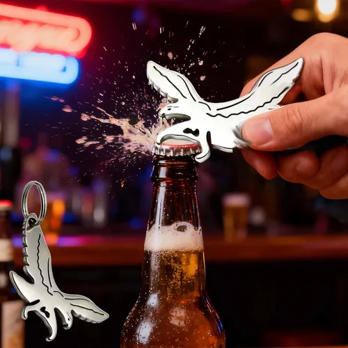 Vista 2 de Llavero abrebotellas con forma de águila calva, aleación de zinc, llavero de abrebotellas de cerveza de plata, llavero de viaje, abridor de cerveza