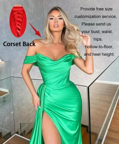 Vista 2 de Vestidos de fiesta con hombros descubiertos para mujer, vestido de dama de honor de satén largo con tren, vestido de fiesta de noche formal