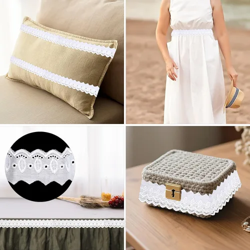 Vista 7 de Ribete de encaje de algodón de 15 yardas, cinta de encaje con ojales blancos, borde ondulado, bordados florales para coser vestidos, ropa, bolsas