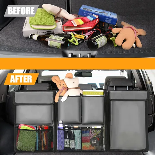 Vista 2 de BESULEN Organizador de maletero de automóvil, bolsa de carga colgante con bolsillos grandes, cremalleras de almacenamiento desmontable