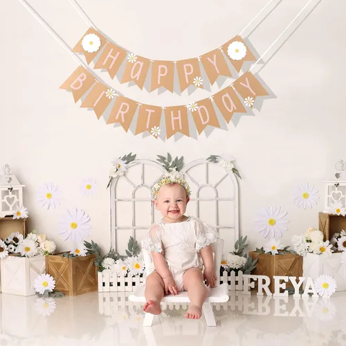 Vista 5 de Cartel de feliz cumpleaños de margaritas, tema de flores silvestres, decoración de primer cumpleaños