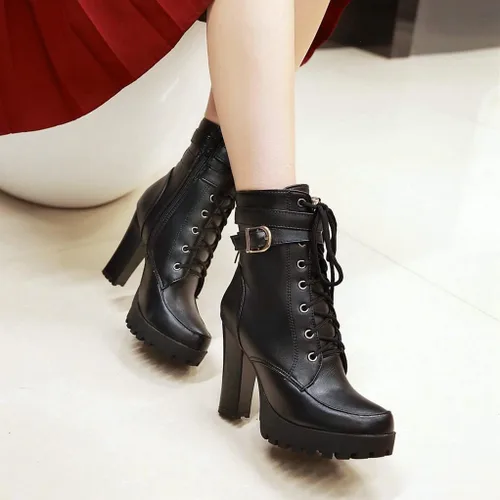 Vista 2 de MIOKE Botines de tacón alto con plataforma y puntera redonda para mujer, con cordones, cremallera y tacón alto grueso, botines cortos Forro
