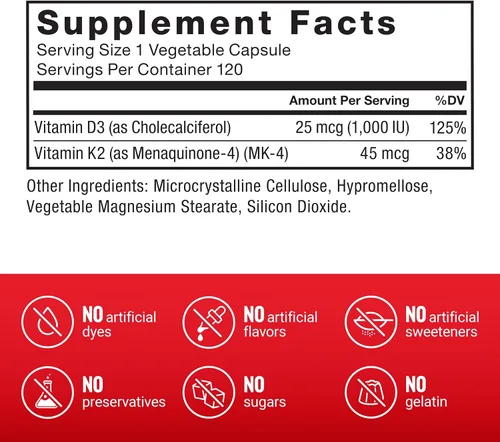 Vista 4 de Force Factor Vitamina D3 K2 para apoyar la inmunidad, la salud del corazón, el apoyo óseo y más, fórmula 2 en 1 de alta potencia, vegano, sin