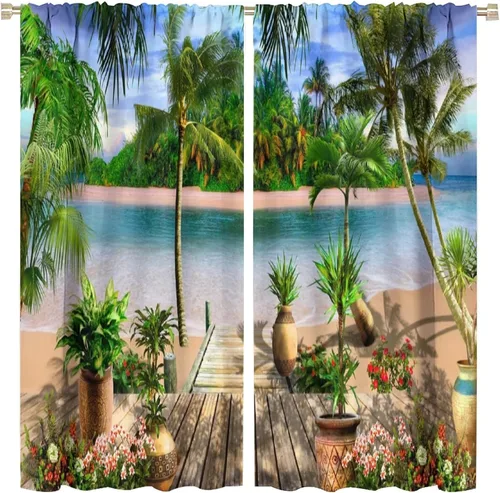 Vista 16 de Cortinas de playa con estampado de plantas tropicales y árboles de coco, paisaje natural, con bolsillo para barra, 2 paneles, decoración