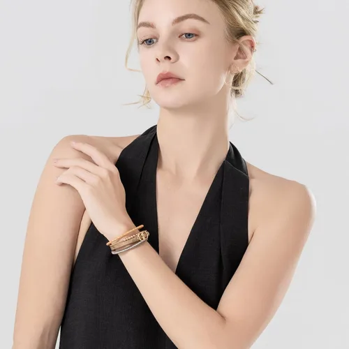 Vista 4 de FANCY SHINY Pulseras bohemias de cuero con cuentas doradas para mujer, apilables con cierre magnético