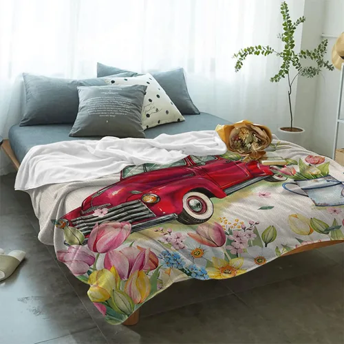 Vista 2 de Manta de Pascua de camión rojo, tulipán, manta suave y cálida, manta de franela de flores y mariposas para sofá, cama, manta para el Día