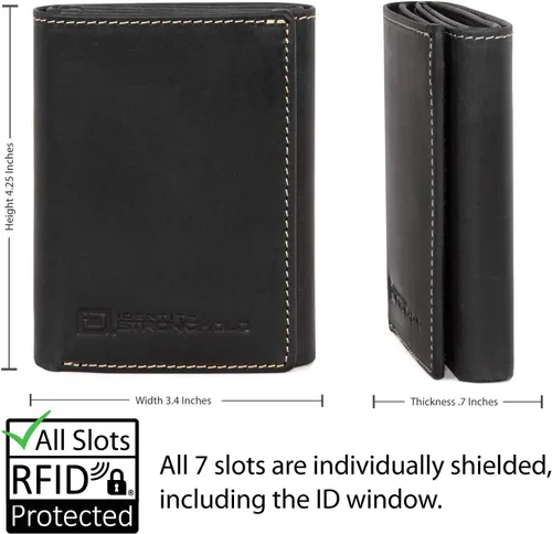 Vista 4 de Billetera de hombre de cuero legítimo con plegado tríptico y protección completa RFID- Cuero rugoso de exquisita calidad, M, Negro