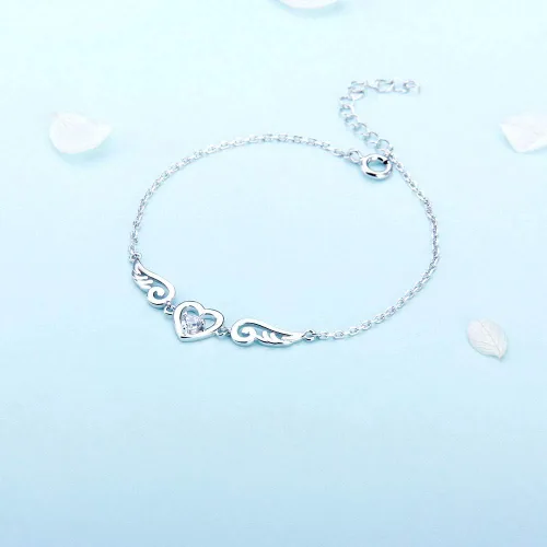 Vista 2 de Pulseras de plata de ley 925 con alas de ángel guardián para mujer, diseño de corazón de circonita ajustable, pulseras de cadena para joyería