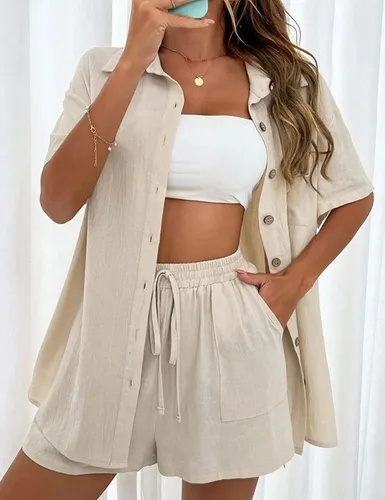 Vista 2 de QIBABU Conjunto de 2 piezas de pantalones cortos de lino para mujer, camiseta de manga corta y pantalones cortos, conjunto deportivo para vacaciones