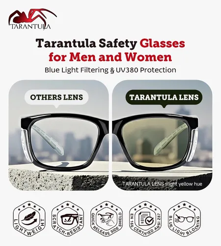 Vista 3 de Gafas de seguridad Tarantula Z87.1 para hombres y mujeres, patillas de TPR suave, lentes transparentes antiempañamiento, bloqueo de luz azul