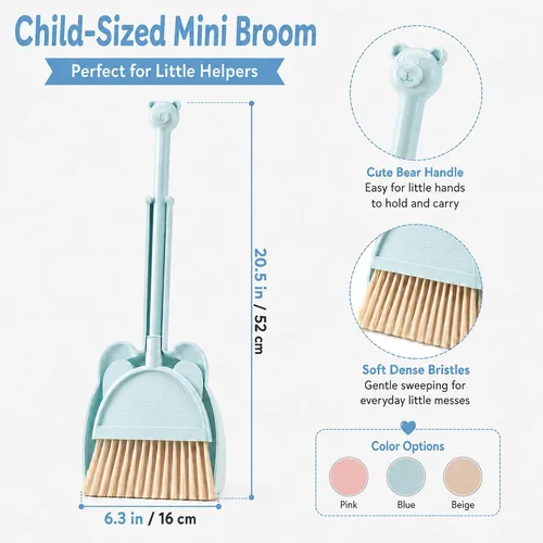 Vista 3 de Mini Escoba con Recogedor para Niños, Pequeño Juego de Ayudante de Limpieza del Hogar (Azul)