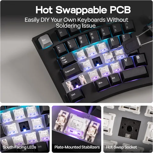 Vista 6 de MechLands Feker Alice98 Teclado mecánico ergonómico personalizado de 98 teclas, VIA programable, teclado para juegos con cable USB-C, intercambiable