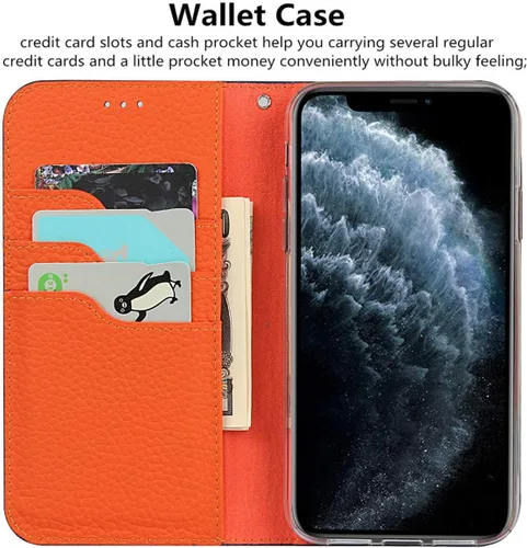 Vista 4 de iCoverCase Compatible con iPhone 11 Pro Max, funda magnética de piel auténtica con bloqueo RFID, correa para la muñeca y ranuras para tarjetas