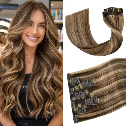 Vista 10 de Aison Extensiones de cabello con clip balayage de cabello humano real, extensiones de cabello ombre 100% de cabello humano para mujer, 12 pulgadas