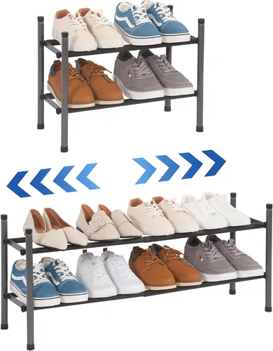 Vista 13 de STORAGE MANIAC - Estante de zapatos ampliable, 4 pares, pequeño estante de zapatos apilable, organizador de zapatos ajustable de metal para armario