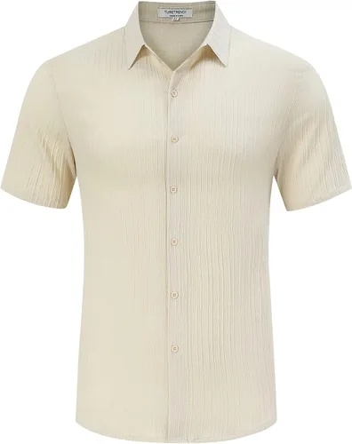 Vista 4 de TURETRENDY Camisas de lino para hombre de manga corta con botones para playa