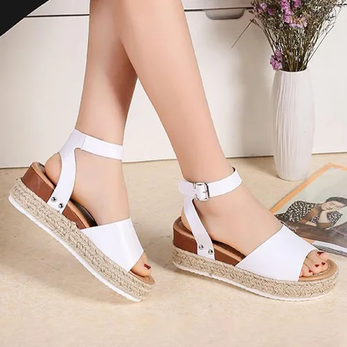 Vista 6 de DevilAngel Sandalias de cuña casuales de verano con hebilla y hebilla para el tobillo y plataforma plana para mujer Negro