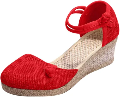 Vista 6 de Aniywn Sandalias de cuña retro con punta cerrada para mujer con correa de hebilla alpargatas para mujer