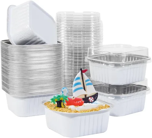 Vista 17 de 50 Pcs Mini Square Baking Cups with Lids,5oz Aluminum Foil Mini Cake Pans with Lids,Disposable Ramekins Cake Pans,150ml Dessert Cups Cupcake Pans