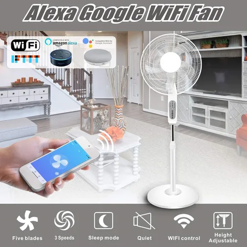 Vista 3 de Technical Pro Ventilador de pedestal oscilante inteligente, 3 velocidades portátil de 16 pulgadas, ventilador de pie habilitado para WIFI, altura