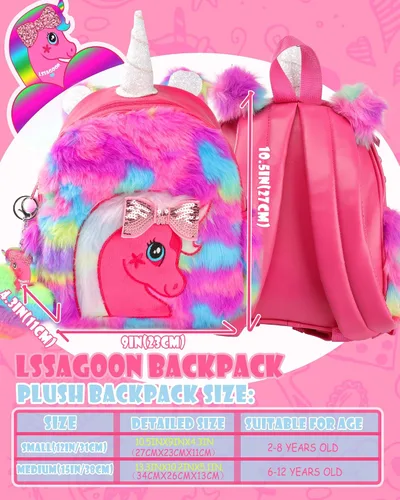 Vista 4 de LSSAGOON Mochila de felpa de unicornio para niñas, bonita bolsa de libro escolar de piel sintética suave, mochilas Kawaii esponjosas para niños.