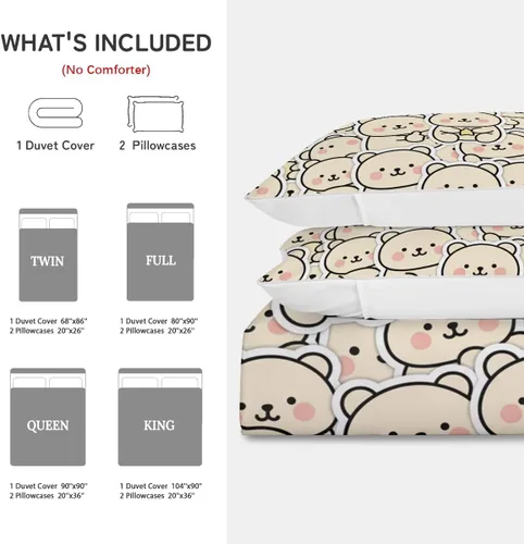 Vista 8 de Juego de funda de edredón de oso lindo tamaño individual, 3 piezas, ropa de cama suave y neutra calmante y acogedora, juego de funda de edredón