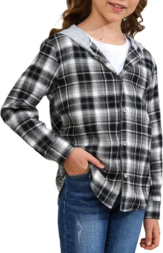 Vista 3 de HOOGRIN Camisas unisex de franela a cuadros para niño y niña, camisa de manga larga con capucha para niños de 5 a 12 años