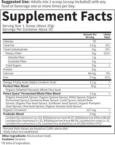Vista 5 de Garden of Life Super Seed - Suplemento vegetariano de fibra alimenticia integral con proteína y Omega 3, 5 oz (600 g) en polvo