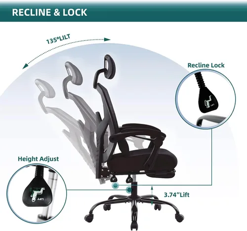 Vista 4 de Silla ergonómica de oficina, silla de escritorio de malla con respaldo alto para computadora con soporte lumbar y ruedas, silla giratoria ajustable