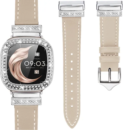 Vista 7 de Correa de cuero compatible con Fitbit Sense 2/Versa 4 para mujeres, elegante correa de cuero con hebilla metálica en forma de D con strass con funda