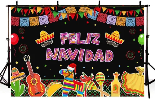 Vista 4 de AIBIIN 7 x 5 pies Feliz Navidad Bckdrop Fiesta Navidad Mexicano Bandera de Color Globo Fondo de Navidad Festivales Suministros de Fiesta Pancarta
