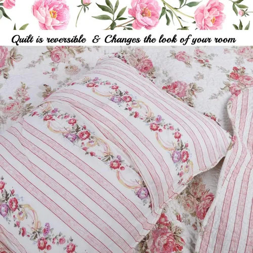 Vista 6 de Juego de ropa de cama edredón de algodón de 3 piezas tamaño Queen, estilo cottage romántico con peonías rosa melocotón shabby chic chintz floral a