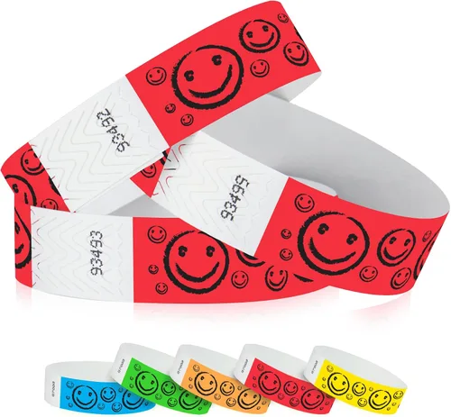 Vista 5 de 200 pulseras Tyvek de Wristco con cara sonriente azul neón para eventos, ¾ x 10 pulgadas, impermeables, reciclables, cómodas, resistentes a