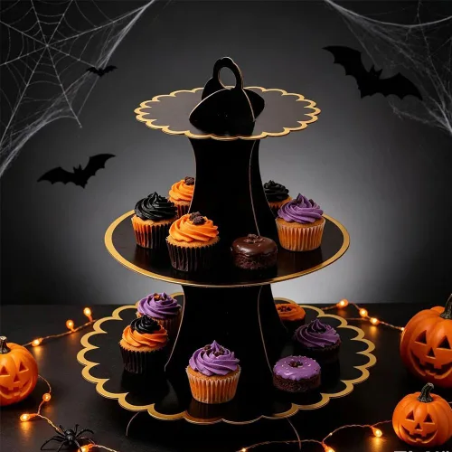 Vista 5 de MRPAPA - Soporte para cupcakes de cartón negro dorado de 3 niveles, torre BLACK-2PCS