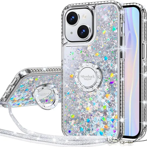 Vista 9 de Silverback - Funda para iPhone 13 con soporte de anillo, color dorado transparente Moving Liquid Holographic Sparkle Glitter, Kickstand, Bling