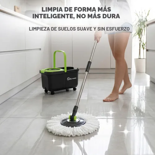 Vista 2 de SIMPLI-MAGIC Trapeador giratorio de 360° y cubo con escurridor - 3 cabezales lavables de microfibra de alta absorción, dispensador de jabón - Juego