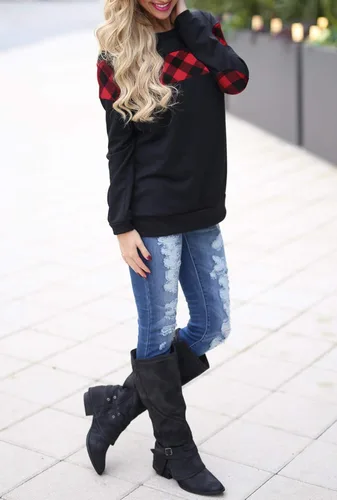 Vista 3 de Blooming Jelly - Sudadera con cuello redondo, para mujer, diseño a cuadros, colores en contraste