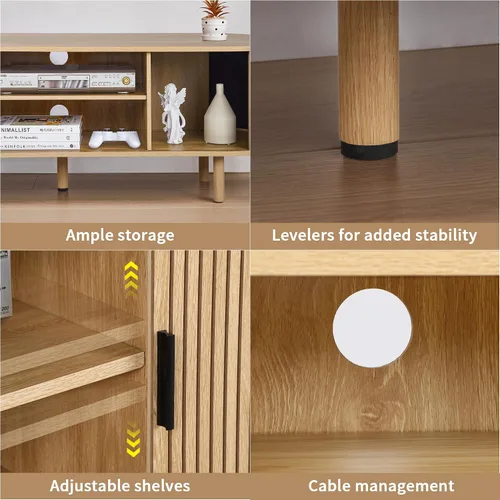 Vista 7 de Janmer Home Soporte de TV acanalado de 54 pulgadas con almacenamiento, consola de TV moderna de mediados de siglo con puertas correderas Tambour
