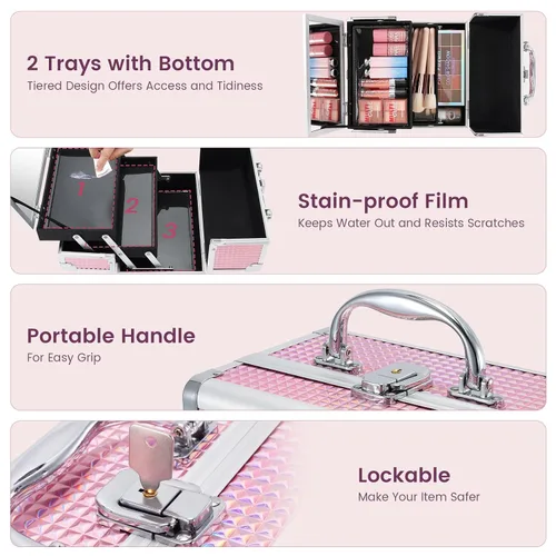 Vista 6 de Estuche de Tren de Maquillaje FRENESSA Caja de Maquillaje Organizador Portátil Estuche de Cosméticos para Viaje Estuche de Maquillaje con Espejo