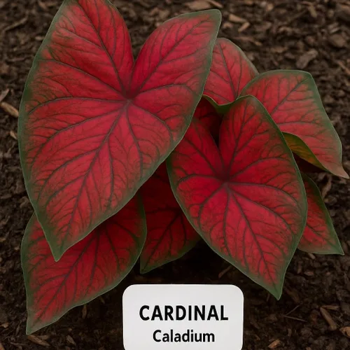 Vista 4 de Florida Cardinal - Bombillas de caladio para plantar, hojas perennes en forma de corazón, follaje rojo y verde vibrante para jardines de sombra