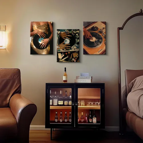Vista 3 de QWETYY666 3 piezas de arte de pared en lienzo de mujer afroamericana, decoración de pared de personas negras funky negras, pinturas musicales