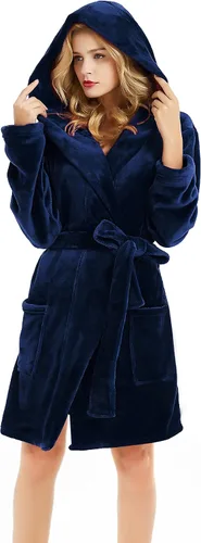 Vista 7 de U2SKIIN Bata de Forro Polar con Capucha para Mujer, Batas de Felpa de Pelo Corto para Mujeres con Capucha Suave y Cálida Bata de Baño para Spa